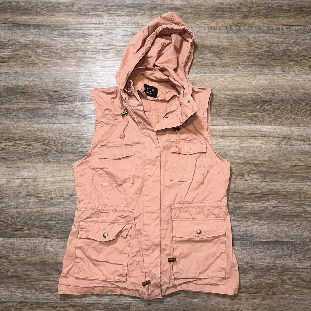 Love Tree Sleeveless Hooded Utility Vest Womens L Dusty Rose Pink Front Pockets